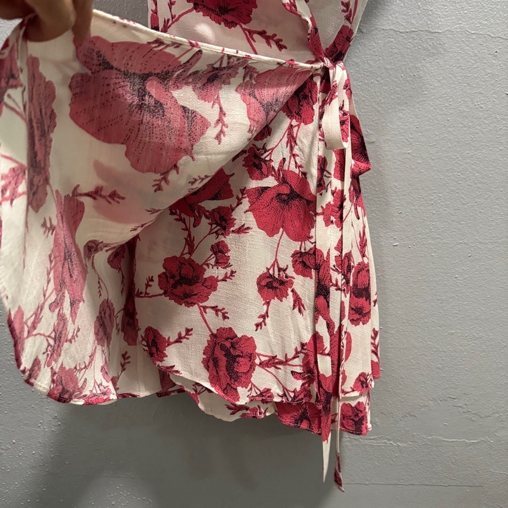 Free People Floral Ruffle Wrap Mini Dress Cream Pink Cap Sleeve Size S‎ - Picture 6 of 8